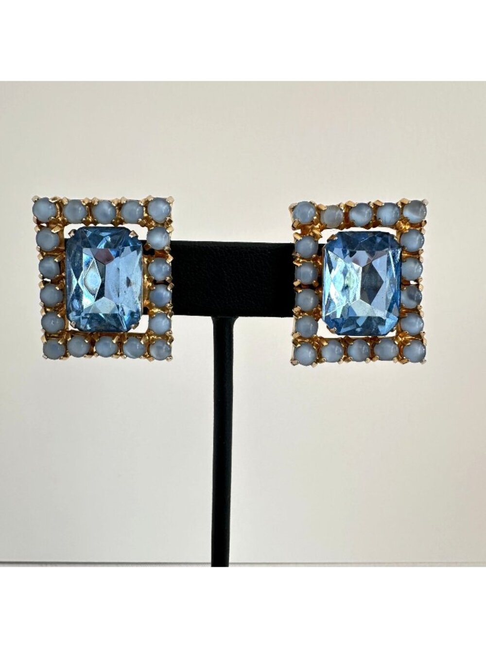 Vintage Sapphire Blue Glass Clip Earrings Moonglow Cabochon Frame Mid Century